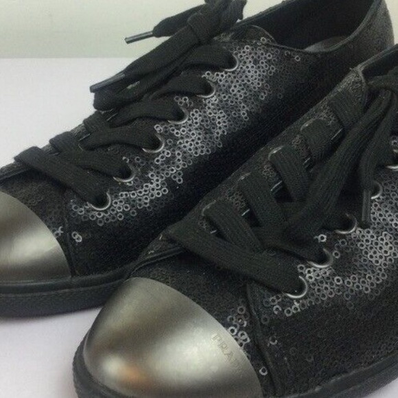 PRADA Black Sequin & Leather Metallic Cap Toe Fashion Sneakers Size 37 - Picture 3 of 6
